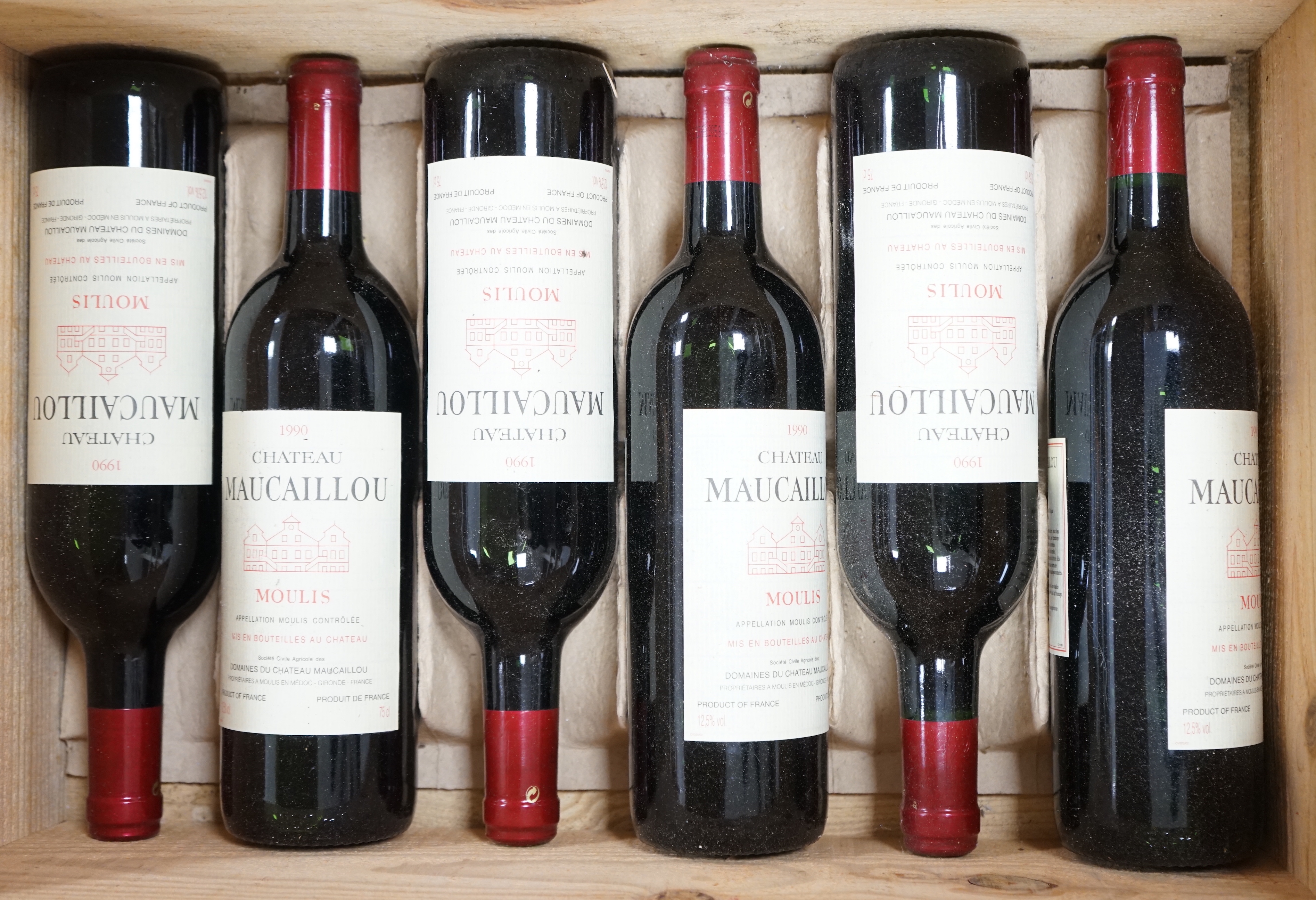 A case of six bottles Chateau Maucaillou, Moulis 1990 wine